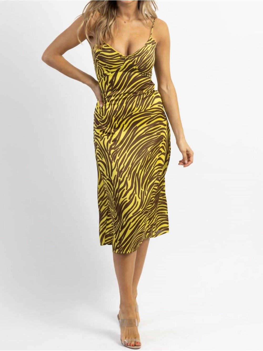 Endless Blu Zebra Satin Midi Dress In Lime + Brown